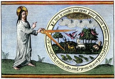 Medieval (~1400s) woodcut of God Creating the world with Compass